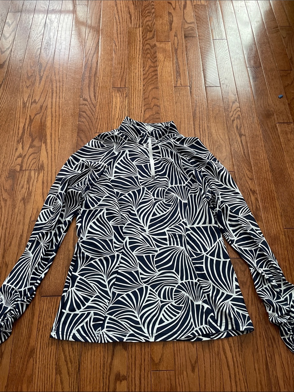 Tzu Tzu Navy Blue White Print 1/4 Zip Jacket Women’s Sz XL